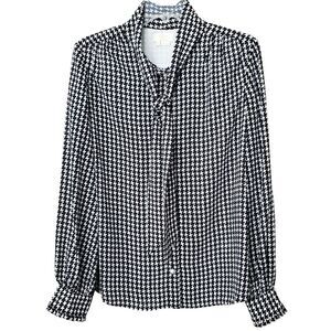 Kate Spade Houndstooth Tie-Neck Pearl Button-Up Shirt, M